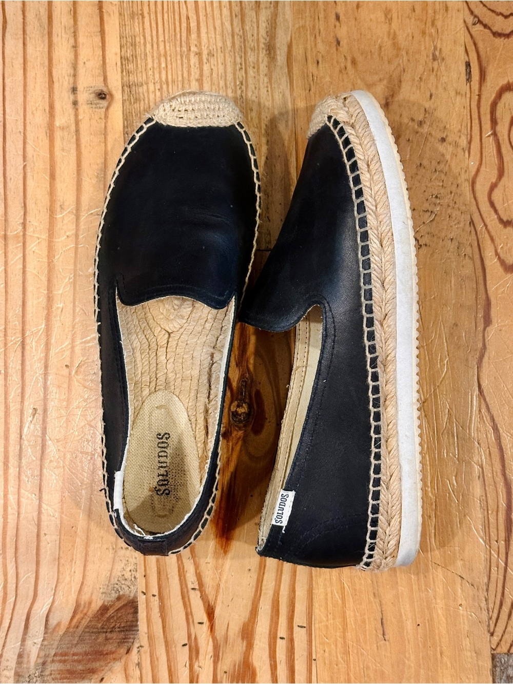Soludos Black Leather Espadrille Slip-On with Natural Jute Trim